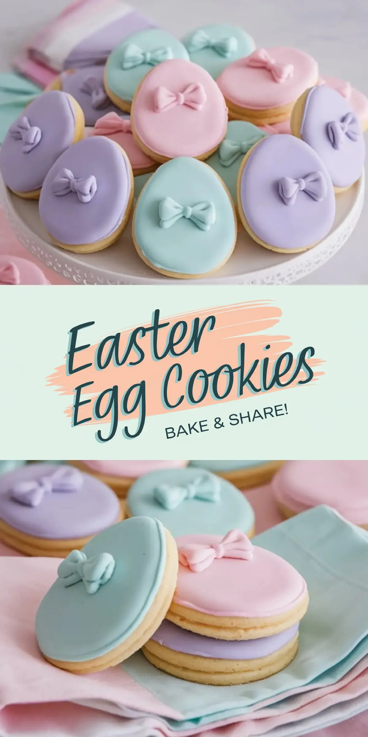A tiered display of pastel-colored Easter egg cookies with delicate fondant bows, accompanied by a stylish “Easter Egg Cookies” text overlay. The cookies are carefully arranged, emphasizing their elegant and festive appearance.