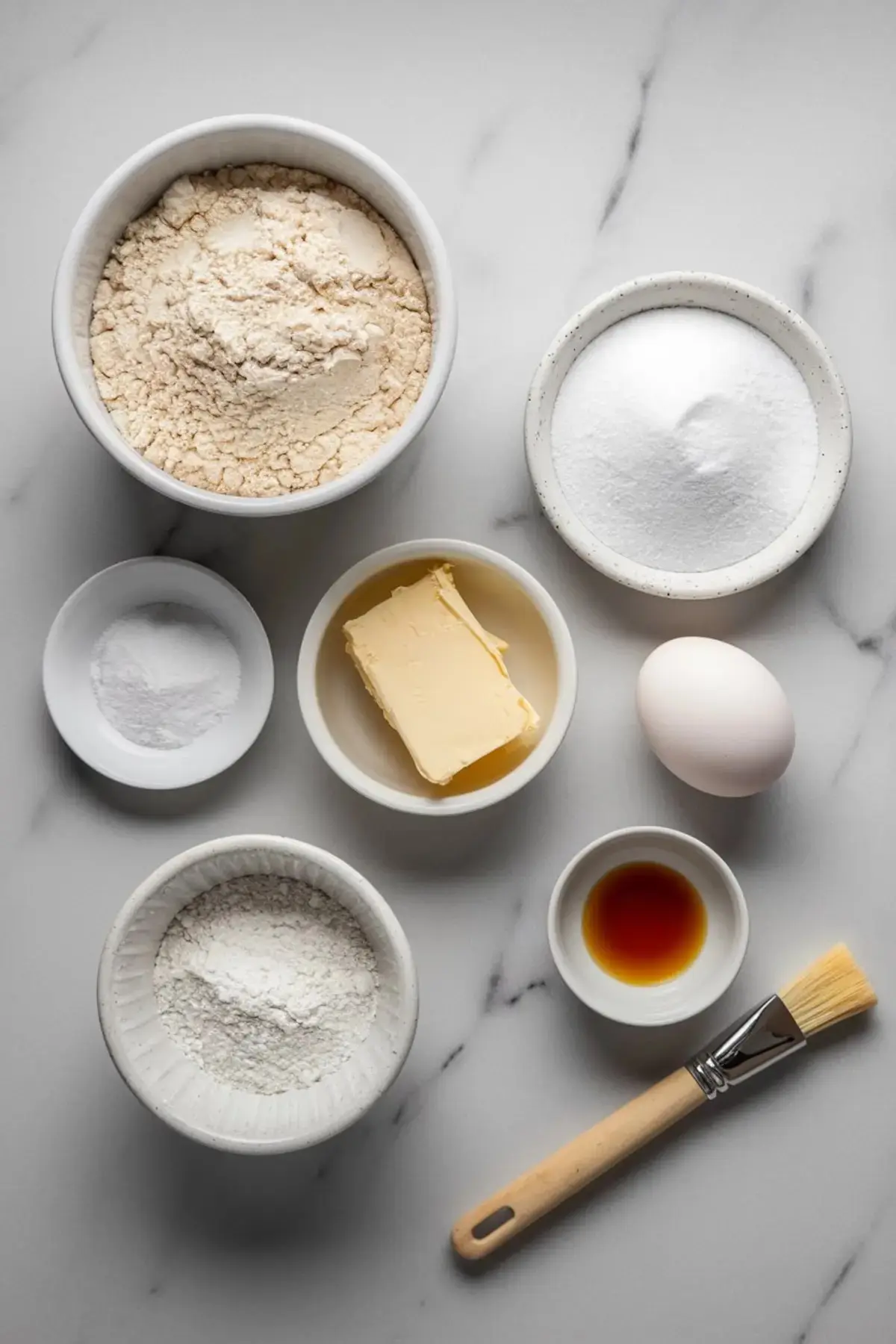 A flat lay of baking ingredients arranged on a marble countertop, including flour, sugar, butter, an egg, vanilla extract, and baking powder. A pastry brush is placed nearby, adding to the baking aesthetic.