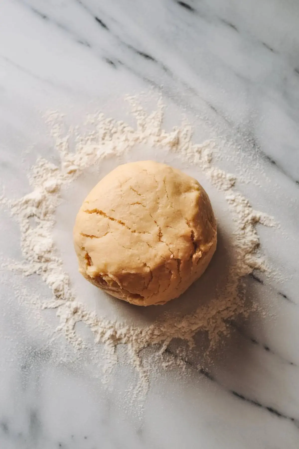 A ball of sugar cookie dough resting on a marble surface, surrounded by a dusting of flour. The dough appears slightly cracked and ready to be rolled out.