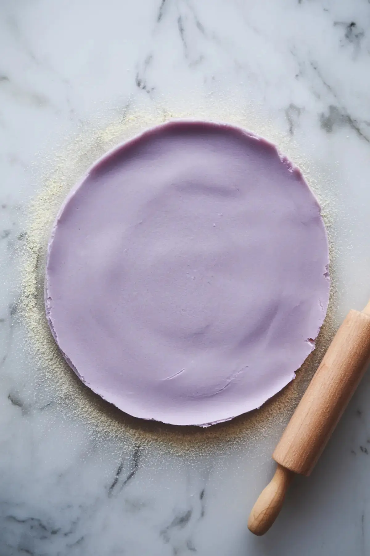 A rolled-out sheet of pastel purple fondant or cookie dough on a floured marble surface, with a wooden rolling pin to the side. The dough is evenly spread, ready for cutting.