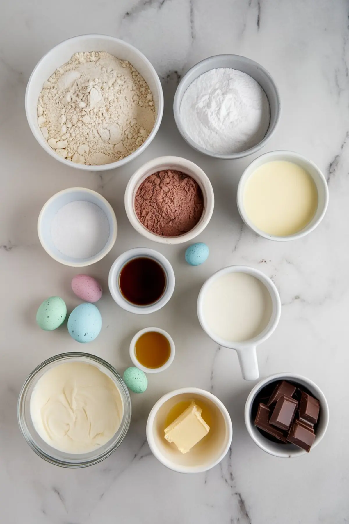 A flat lay of baking ingredients arranged on a marble surface, including flour, powdered sugar, cocoa powder, vanilla extract, heavy cream, butter, chocolate, and pastel-colored candy eggs. The assortment suggests preparations for a chocolate dessert.