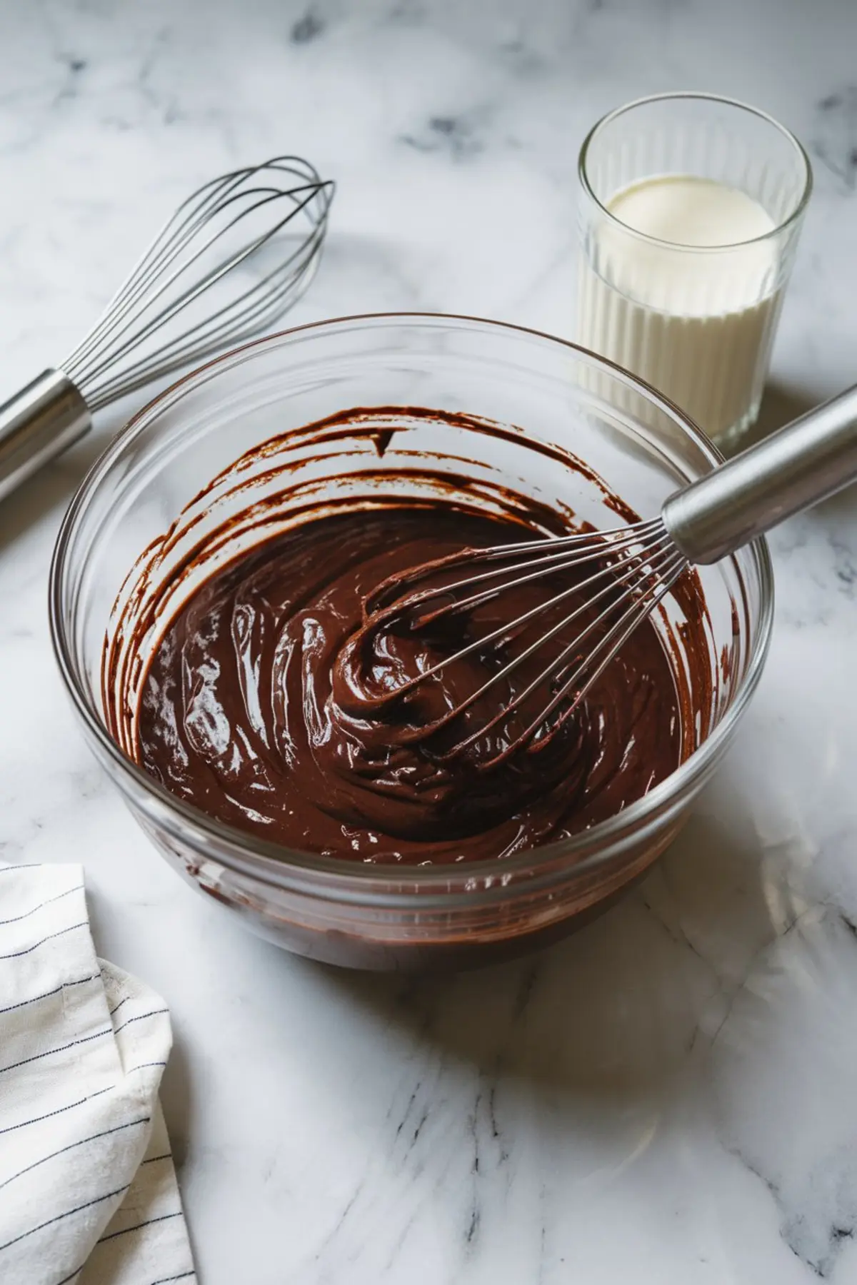 A glass bowl filled with glossy, melted chocolate ganache being whisked. A glass of milk and an extra whisk rest nearby on the marble countertop. The rich, smooth texture of the ganache is emphasized.