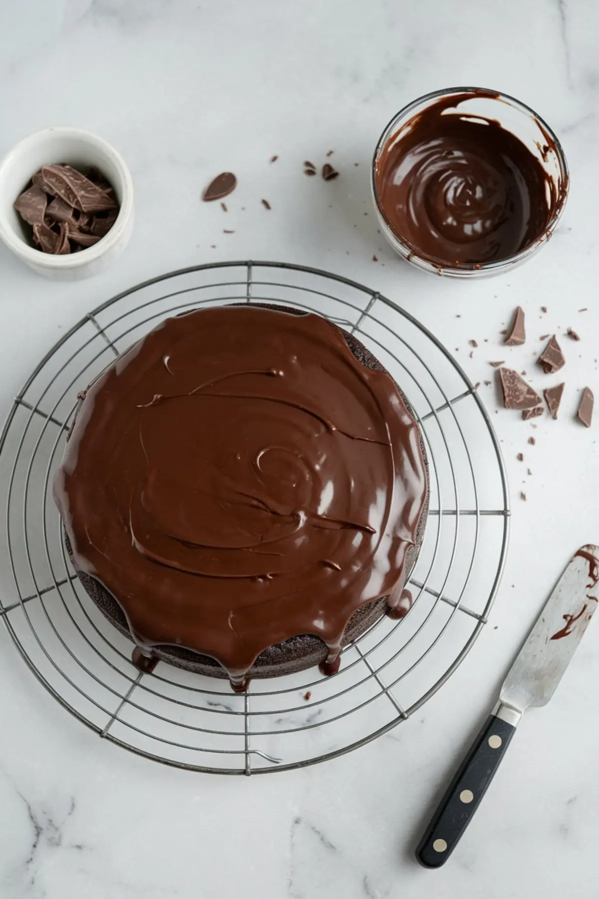 A freshly baked chocolate cake sits on a cooling rack, covered in a thick layer of chocolate ganache. A bowl of melted chocolate, a knife, and scattered chocolate pieces surround the cake. The glossy finish of the ganache drapes over the edges.