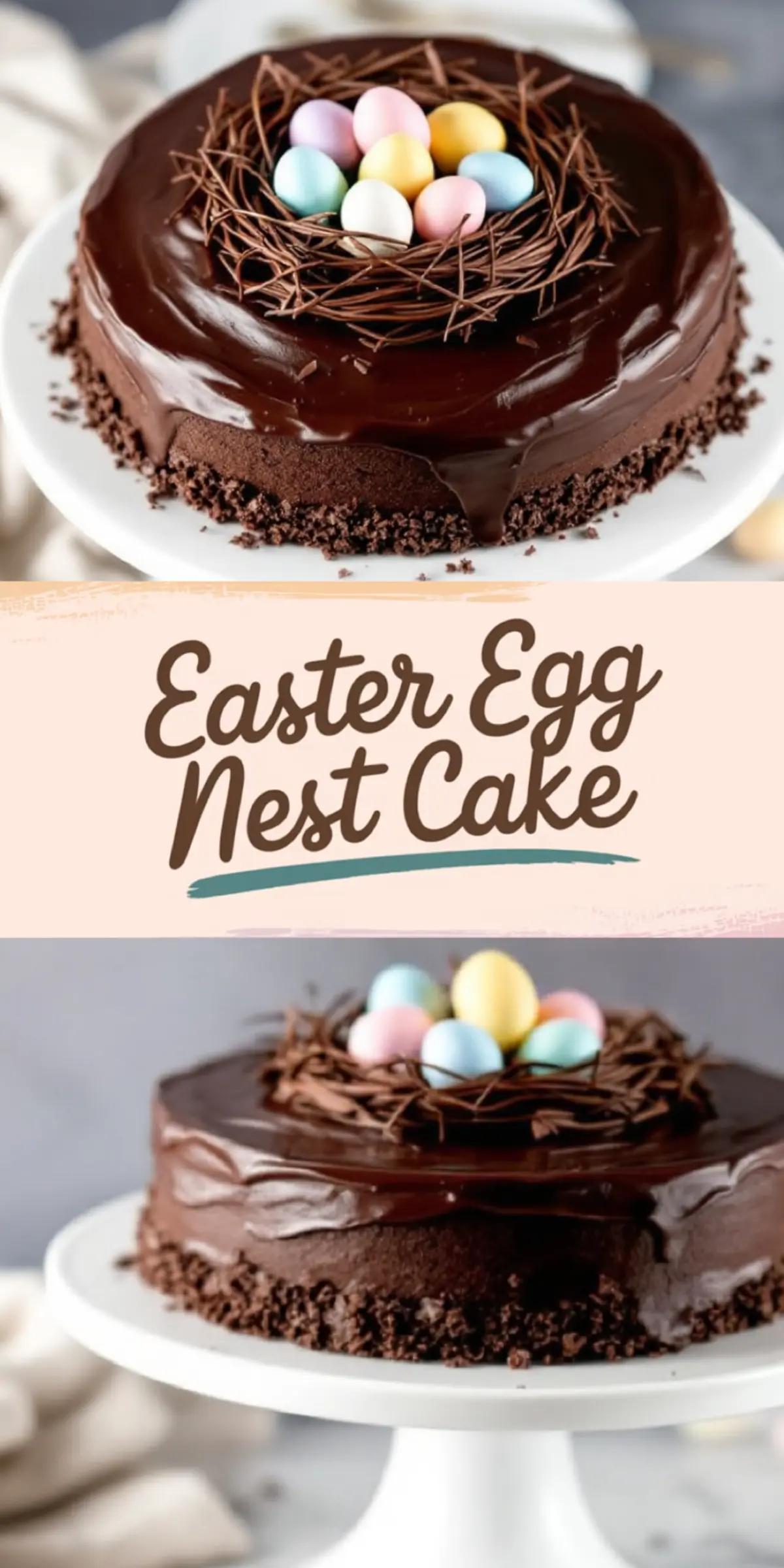 A collage of two images showcasing an Easter egg nest cake on a white cake stand. The top image captures the glossy chocolate ganache and intricate chocolate nest filled with pastel candy eggs, while the bottom image provides a wider view of the cake with a textured chocolate crumb base. The text “Easter Egg Nest Cake” appears in the middle.