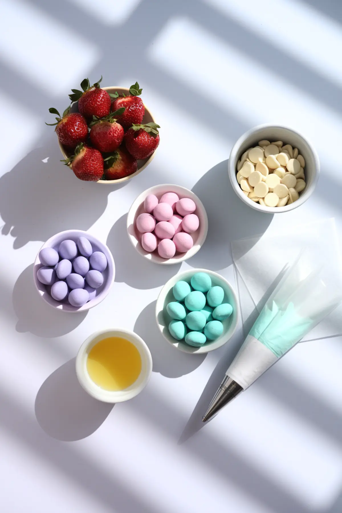 A flat-lay shot of ingredients for making pastel chocolate-dipped strawberries. A bowl of fresh strawberries, pastel-colored candy melts, white chocolate wafers, a piping bag with blue-tinted melted chocolate, and a small dish of melted yellow liquid are arranged on a white surface with diagonal shadows.