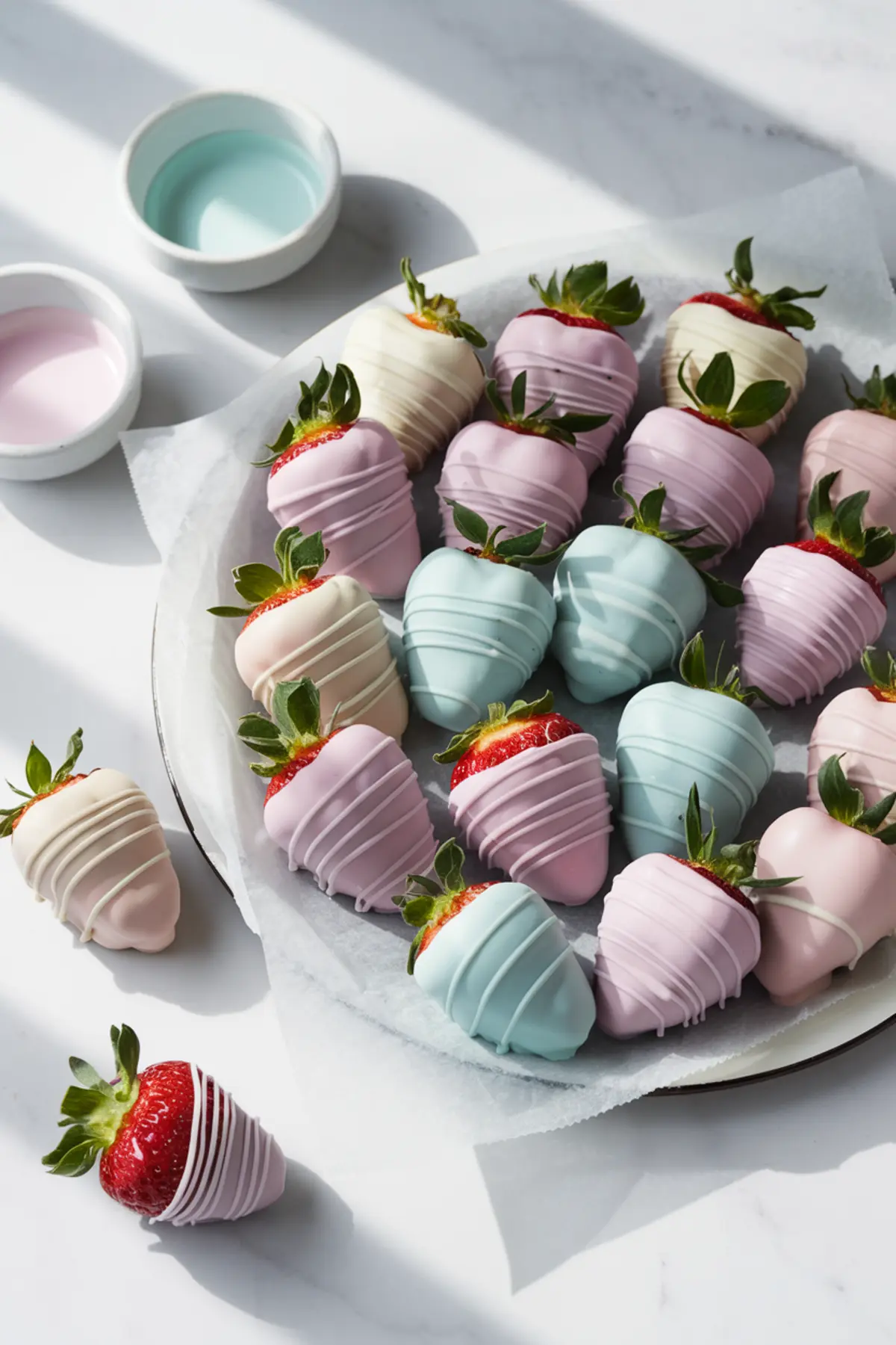 A plate filled with pastel-colored chocolate-dipped strawberries on parchment paper. The strawberries have a smooth chocolate coating in shades of soft pink, lavender, mint green, and white, finished with a thin drizzle. Two small bowls with pink and blue melted chocolate are nearby.