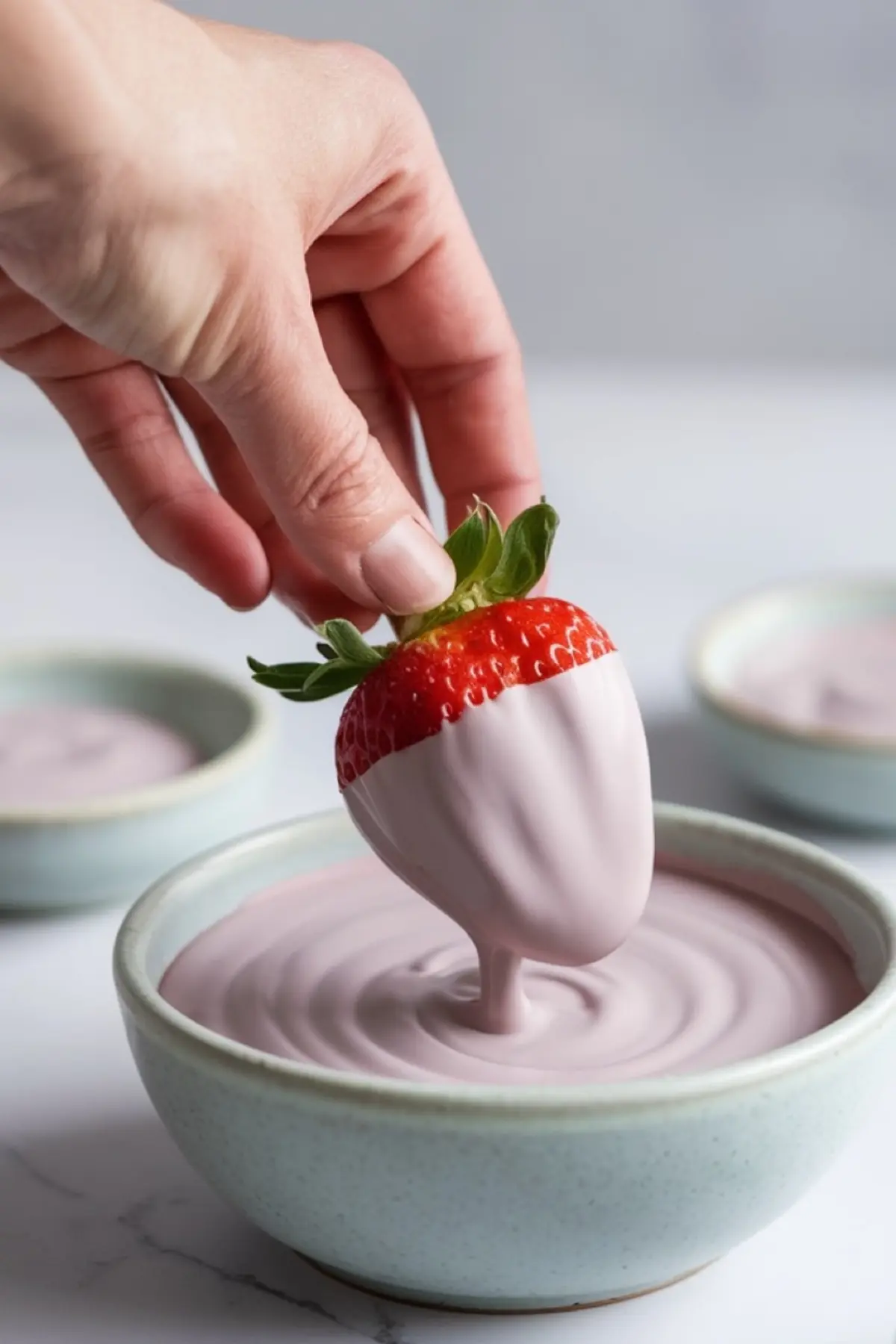 A close-up of a hand dipping a fresh strawberry into a bowl of melted pastel pink chocolate. The chocolate is smooth and glossy, coating the lower half of the strawberry while the green leaves remain untouched.