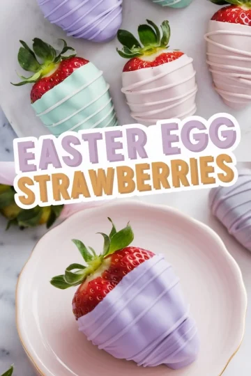 A bright and colorful arrangement of pastel-dipped strawberries on a plate. The strawberries are coated in soft shades of lavender, mint green, and blush pink, finished with drizzled chocolate. A single lavender-coated strawberry sits on a pink plate. The text overlay reads “Easter Egg Strawberries.”