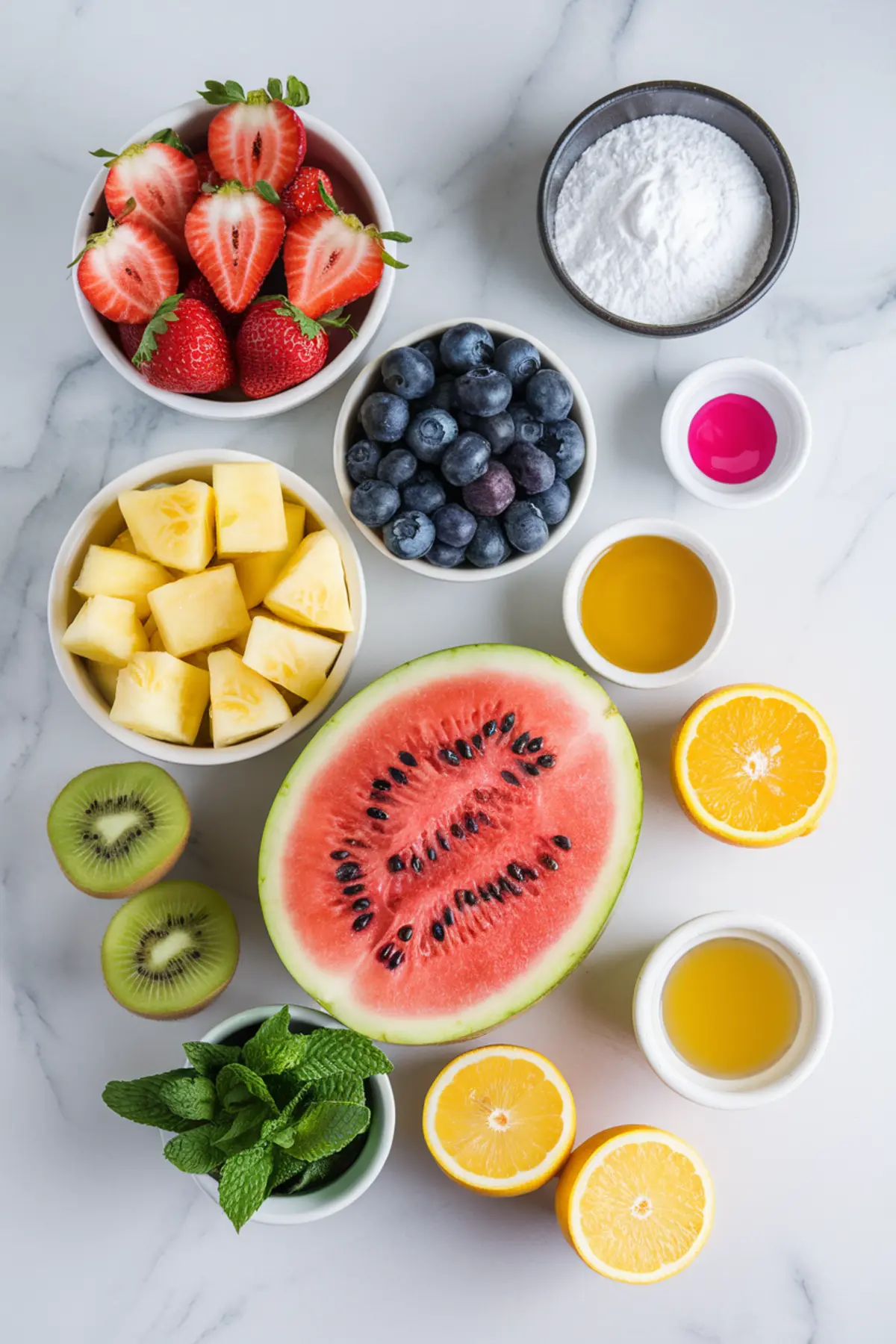 Assortment of fresh fruit and ingredients for Easter fruit salad, including strawberries, blueberries, pineapple, kiwi, watermelon, oranges, lemon halves, mint leaves, powdered sugar, and colorful sauces arranged on a marble countertop.
