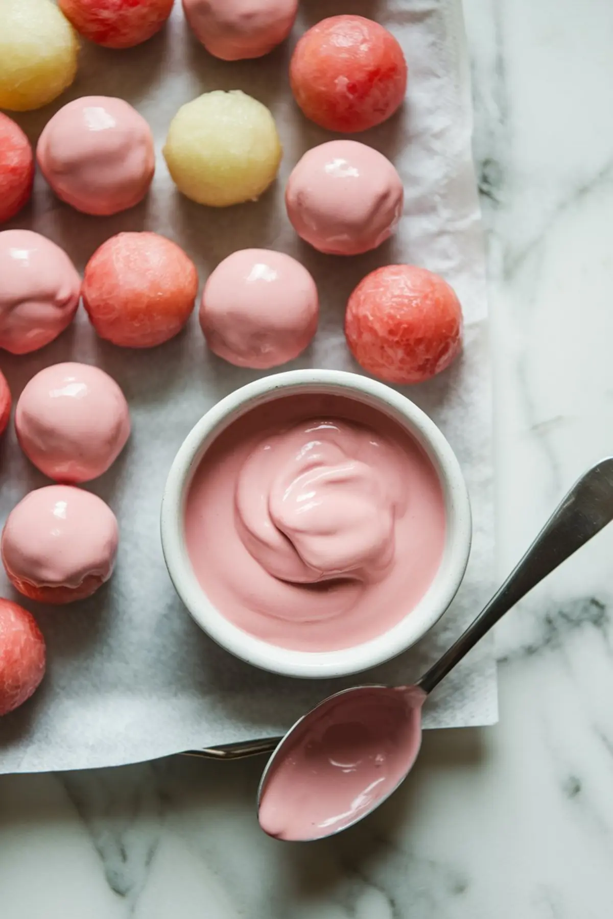 Melon balls coated in pink yogurt arranged on parchment paper next to a bowl of pink yogurt dip with a spoon, showcasing a playful and colorful Easter fruit salad ingredient.