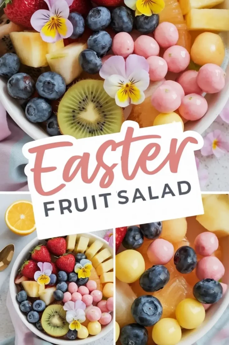 Close-up of an Easter fruit salad bowl with strawberries, blueberries, pineapple, kiwi slices, and pink yogurt-covered fruit balls, beautifully arranged with edible flowers. Collage features detailed views of the vibrant fruit medley and playful pastel accents.