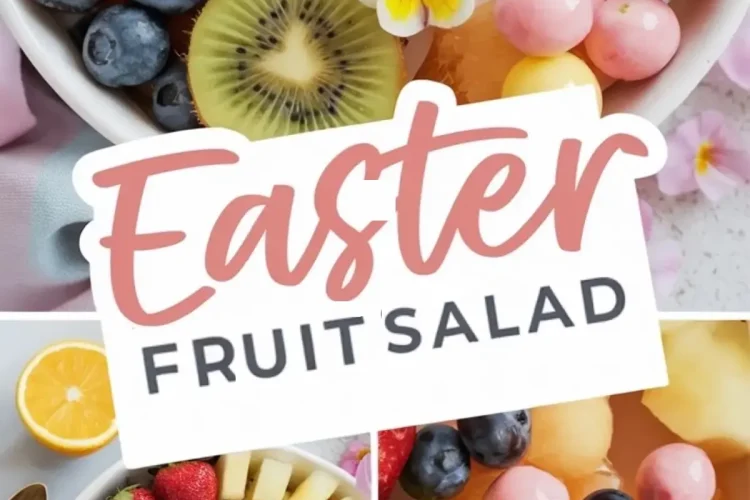 Close-up of an Easter fruit salad bowl with strawberries, blueberries, pineapple, kiwi slices, and pink yogurt-covered fruit balls, beautifully arranged with edible flowers. Collage features detailed views of the vibrant fruit medley and playful pastel accents.
