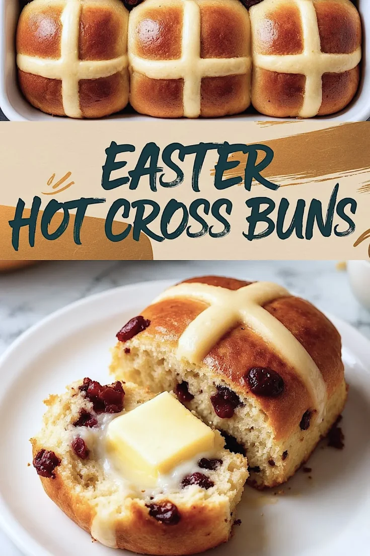 A baking dish of hot cross buns with deep golden crusts and white icing crosses. Below, a close-up of a single bun sliced open, showcasing a soft, spiced interior with raisins and a melting pat of butter. A banner reading “Easter Hot Cross Buns” overlays the center.