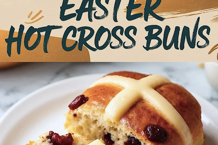 A baking dish of hot cross buns with deep golden crusts and white icing crosses. Below, a close-up of a single bun sliced open, showcasing a soft, spiced interior with raisins and a melting pat of butter. A banner reading “Easter Hot Cross Buns” overlays the center.