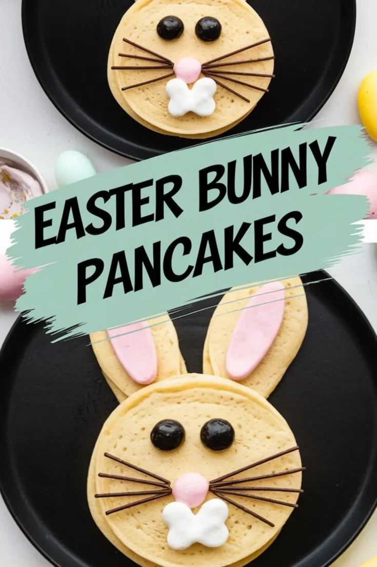 A collage of two black plates with bunny-shaped pancakes featuring pink candy ears, chocolate eyes, pretzel whiskers, and a whipped cream nose. The pancakes have a playful expression, and a text overlay reads “Easter Bunny Pancakes.”