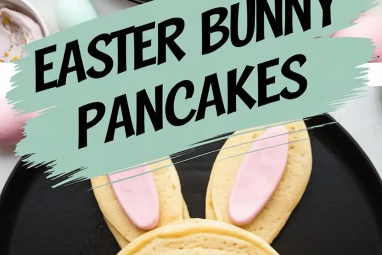 A collage of two black plates with bunny-shaped pancakes featuring pink candy ears, chocolate eyes, pretzel whiskers, and a whipped cream nose. The pancakes have a playful expression, and a text overlay reads “Easter Bunny Pancakes.”