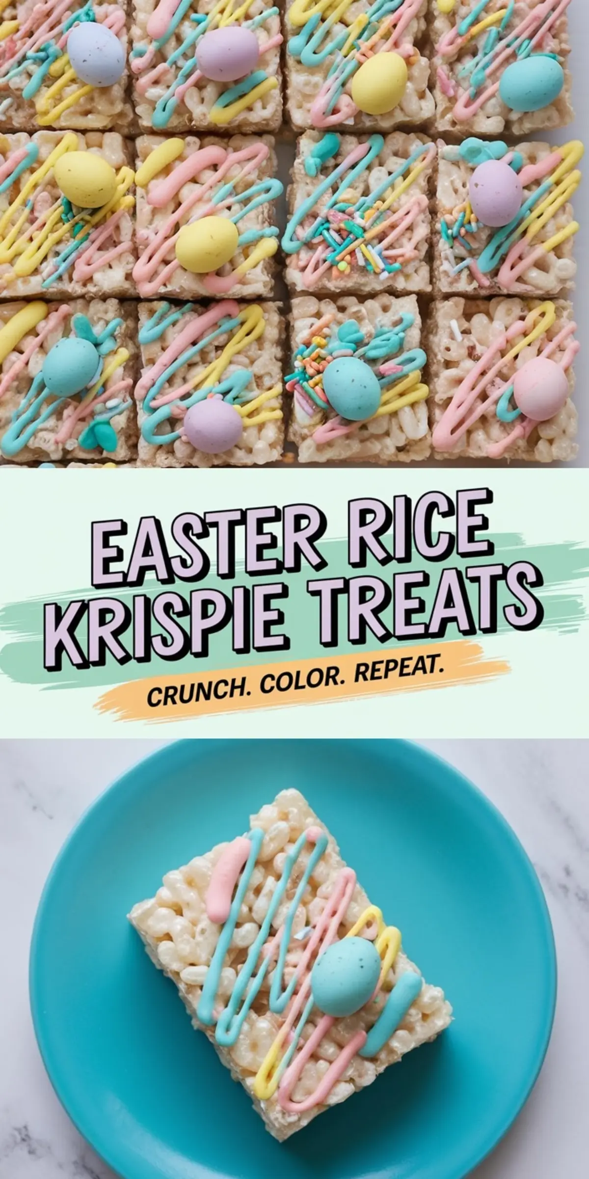 A collage showing close-ups of Easter Rice Krispie Treats decorated with pastel candy eggs and bright drizzle in pink, yellow, blue, and purple. One square is showcased on a vibrant blue plate, highlighting the colorful and festive design. The text overlay emphasizes the Easter theme with the phrase “Easter Rice Krispie Treats - Crunch. Color. Repeat.”