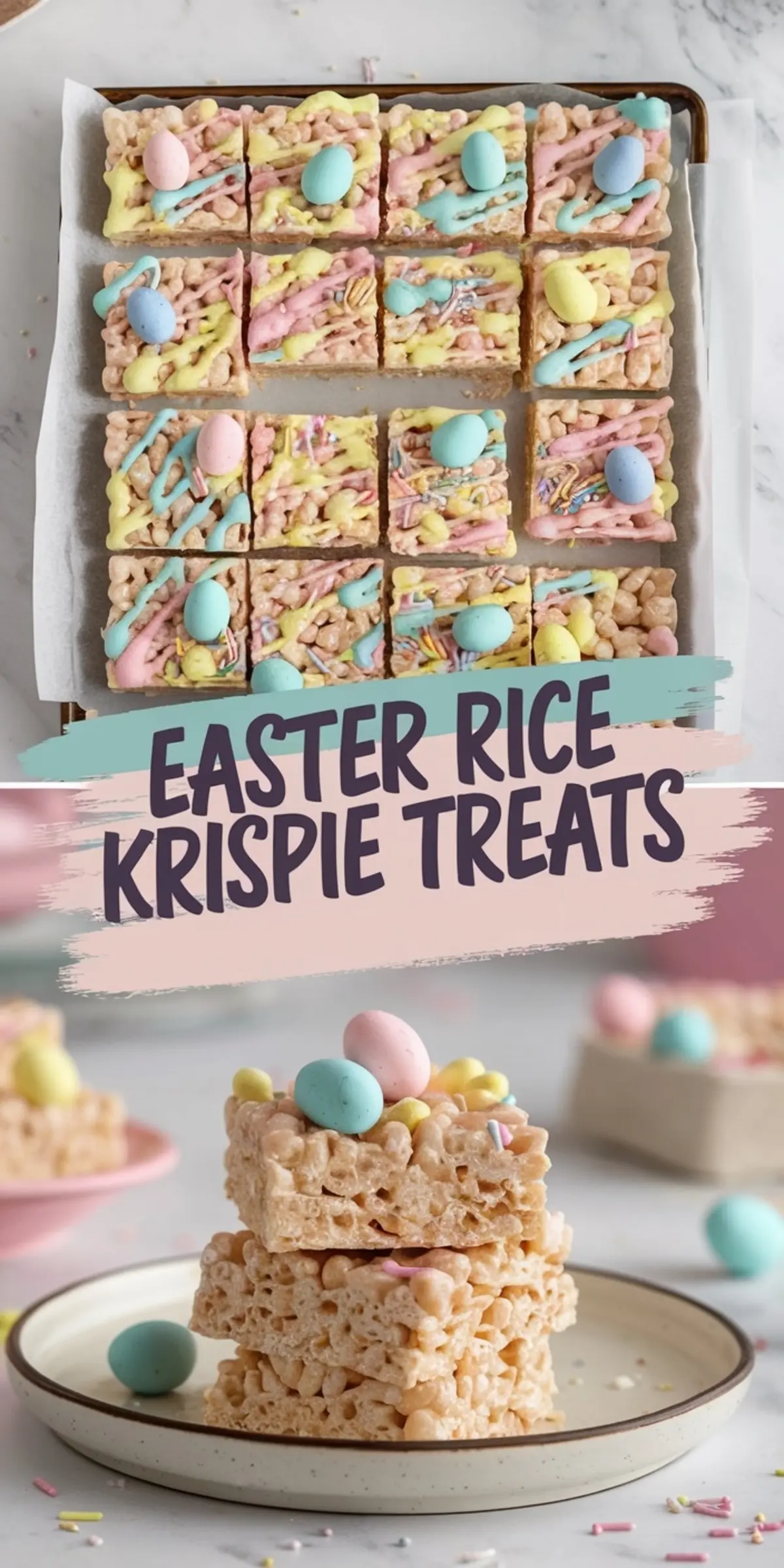 A collage featuring Easter Rice Krispie Treats arranged on a parchment-lined tray, decorated with pastel candy eggs, colorful drizzle, and festive sprinkles. The bottom section showcases a stack of Rice Krispie squares on a white plate, topped with candy eggs, creating a cheerful and festive presentation perfect for Easter celebrations.