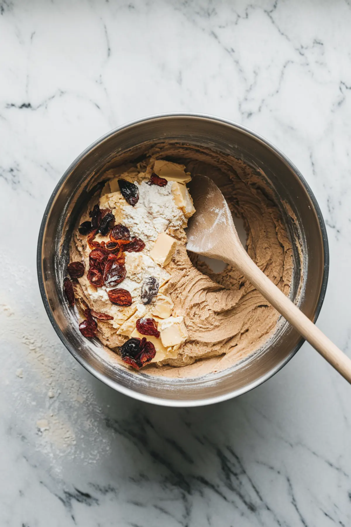 A stainless steel mixing bowl filled with partially mixed cake batter sits on a marble countertop. The batter is thick and golden brown, with chunks of butter, flour, and dried fruit, including cranberries and raisins, scattered on top. A wooden spoon rests in the bowl.