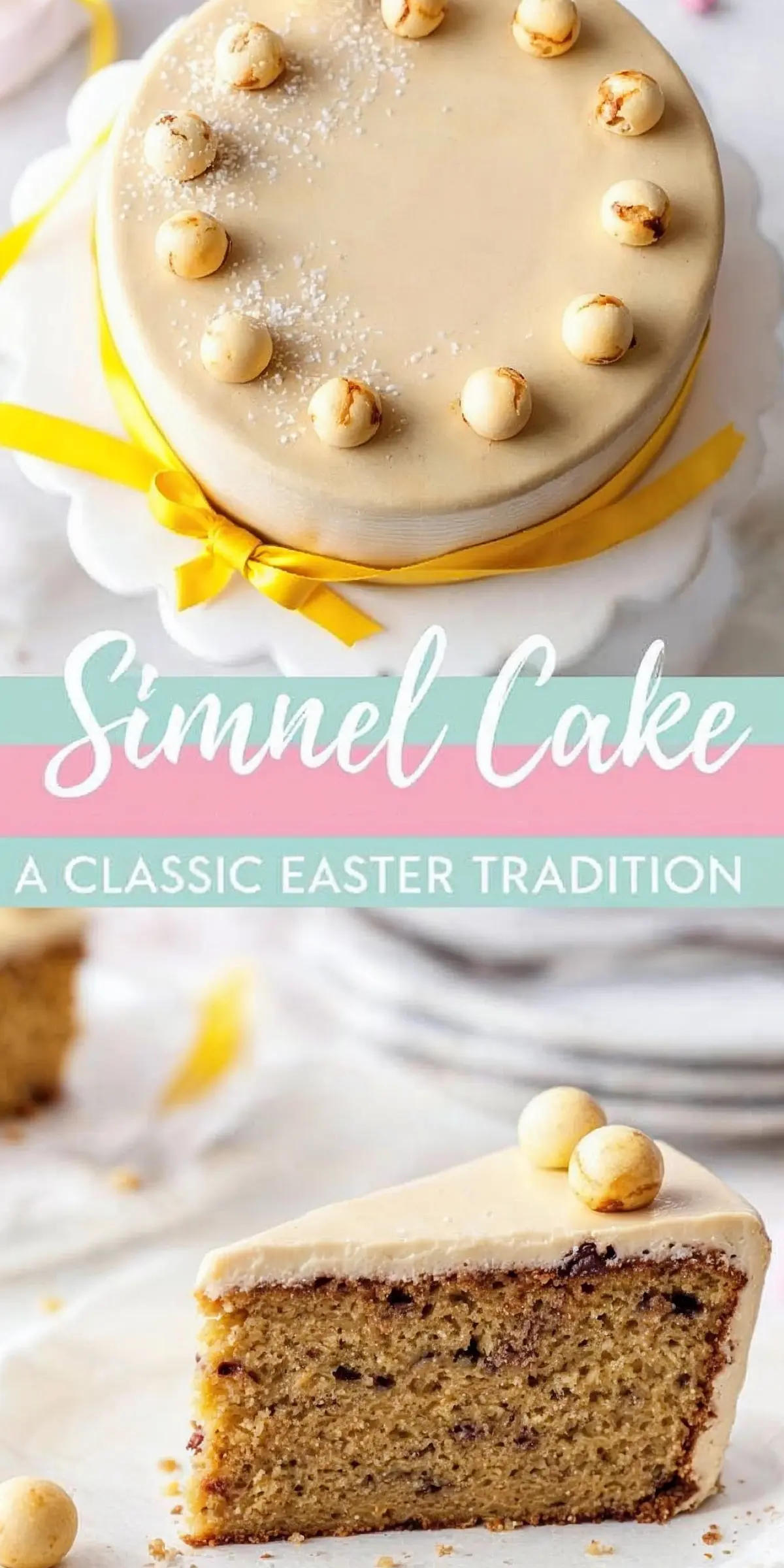 A close-up of the Simnel cake on a white cake stand, with a yellow ribbon tied around it. The marzipan-covered top is decorated with toasted marzipan balls and a light sprinkle of sugar. A slice of the cake is placed nearby, showcasing the moist fruitcake texture.