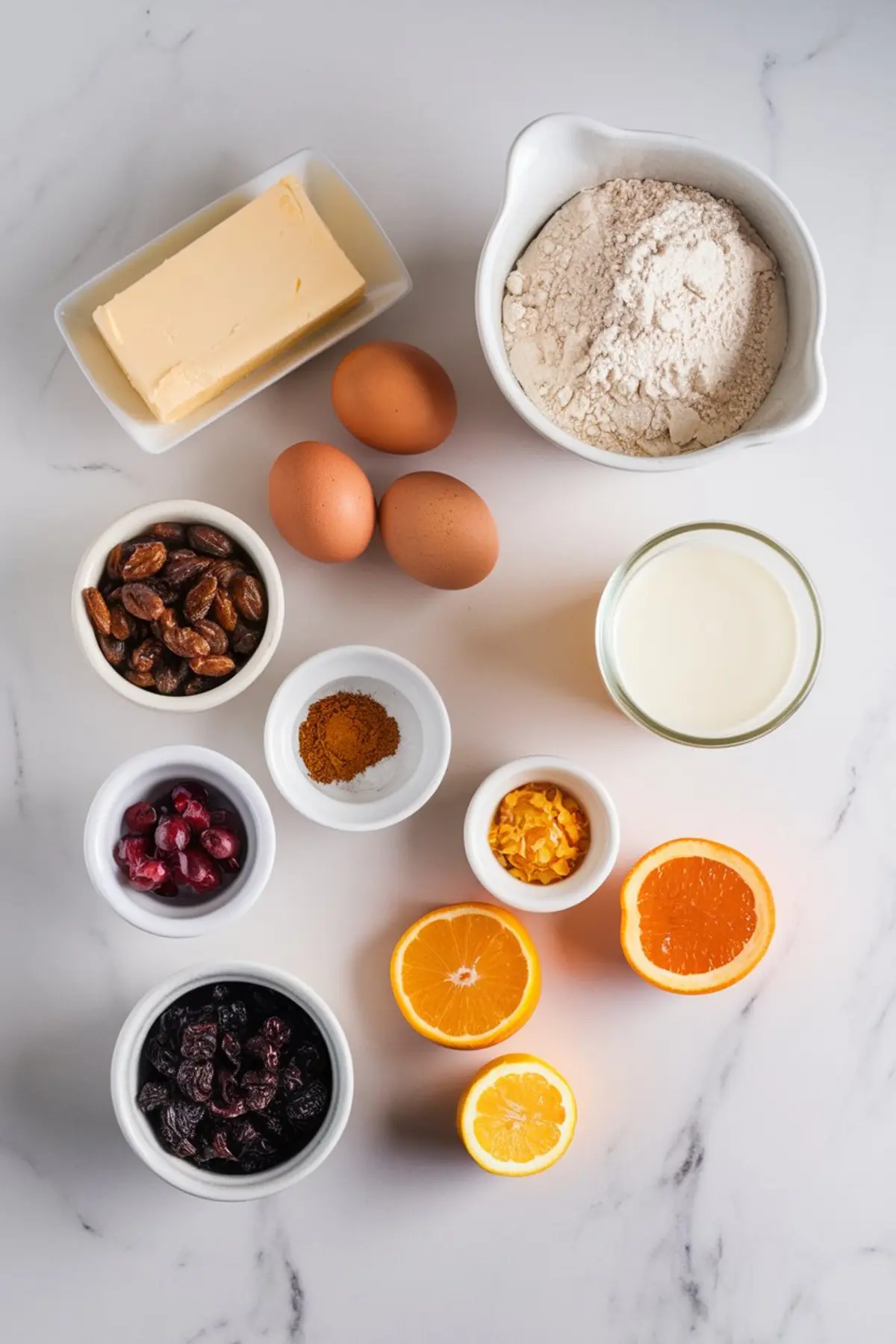 A flat lay of baking ingredients arranged on a white marble surface. Ingredients include flour, eggs, butter, milk, dried raisins, cranberries, and cherries, along with ground spices, orange zest, and fresh citrus halves.