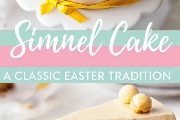 A beautifully decorated Simnel cake sits on a white cake stand, wrapped with a yellow ribbon. The top is covered in smooth marzipan and adorned with toasted marzipan balls, symbolizing the apostles. A slice is cut out, revealing a golden fruitcake interior with specks of dried fruit. The image features pastel-colored text that reads “Simnel Cake - A Classic Easter Tradition.”
