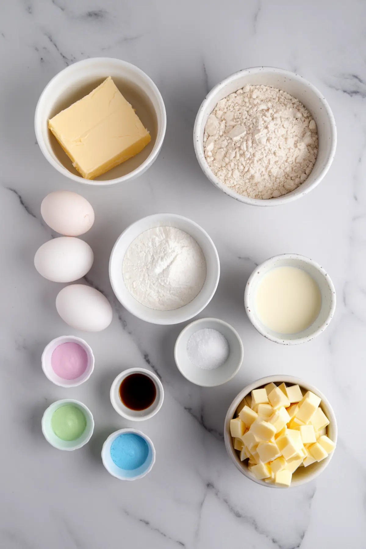 A flat lay of baking ingredients on a marble countertop, featuring butter, flour, eggs, sugar, milk, vanilla extract, and pastel-colored food coloring in pink, green, and blue. The ingredients are neatly arranged in small bowls, ready for making cookies or frosting.