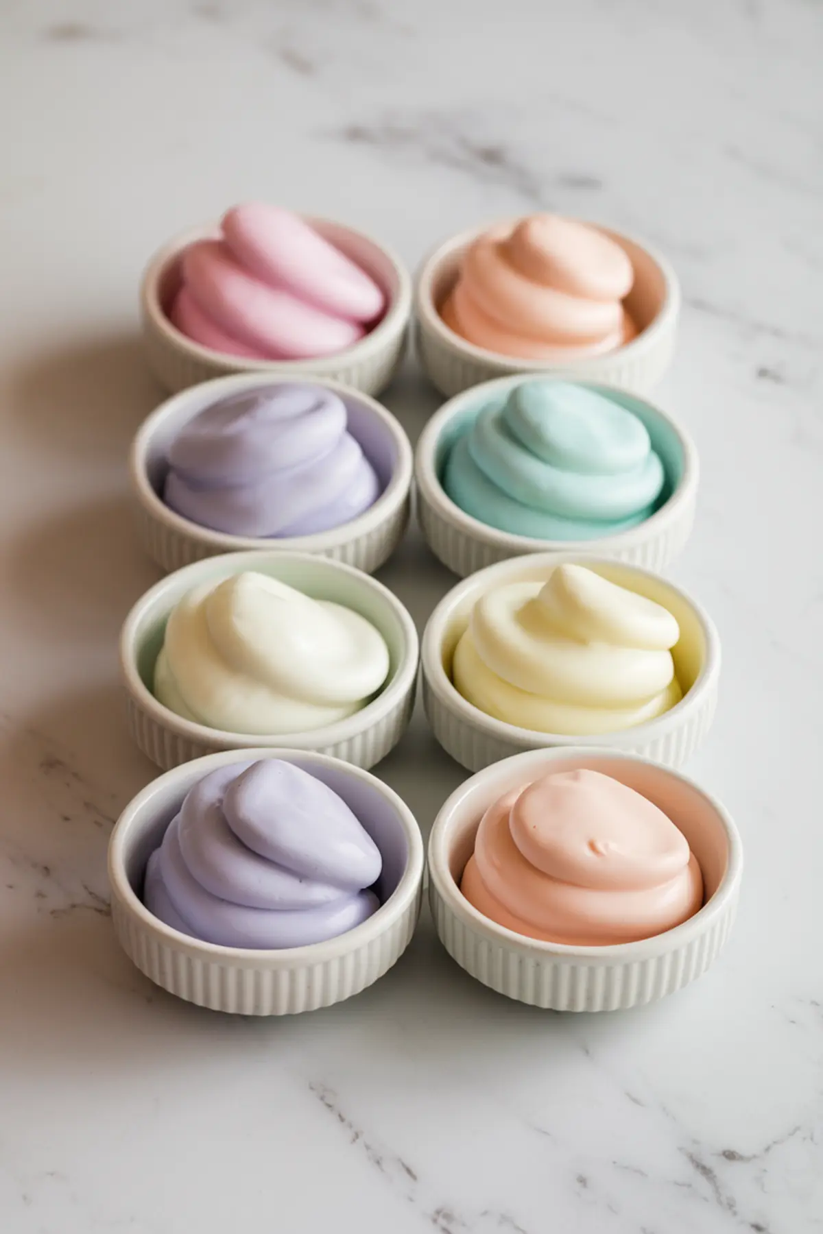 Small ceramic ramekins filled with swirls of pastel frosting sit on a marble countertop. The frosting colors include pink, peach, lavender, mint green, pale blue, white, and soft yellow, arranged in a neat and visually appealing row.