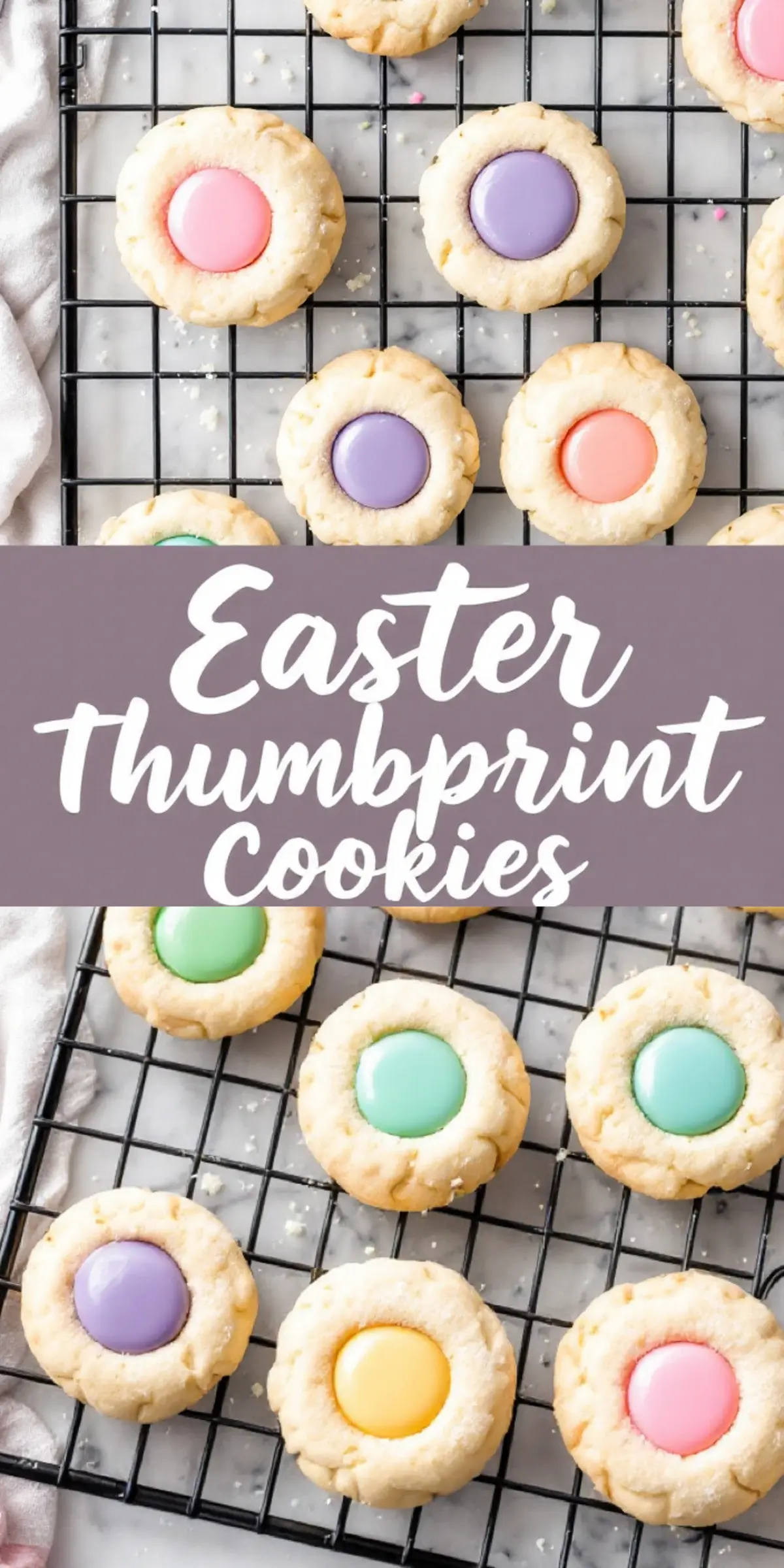 A cooling rack filled with freshly baked Easter thumbprint cookies, each topped with pastel-colored icing in pink, purple, yellow, green, and blue. The cookies have a soft, crumbly texture, and a light dusting of sugar adds a delicate touch. A linen napkin is placed beside the rack, adding a cozy kitchen feel.