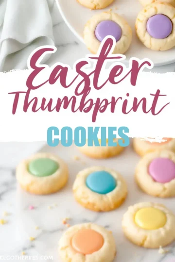 A plate of Easter thumbprint cookies with pastel-colored centers sits on a marble surface. The cookies have a buttery, golden texture and are filled with glossy purple, pink, yellow, green, and blue icing. A soft linen napkin is draped in the background, enhancing the cozy and festive presentation.