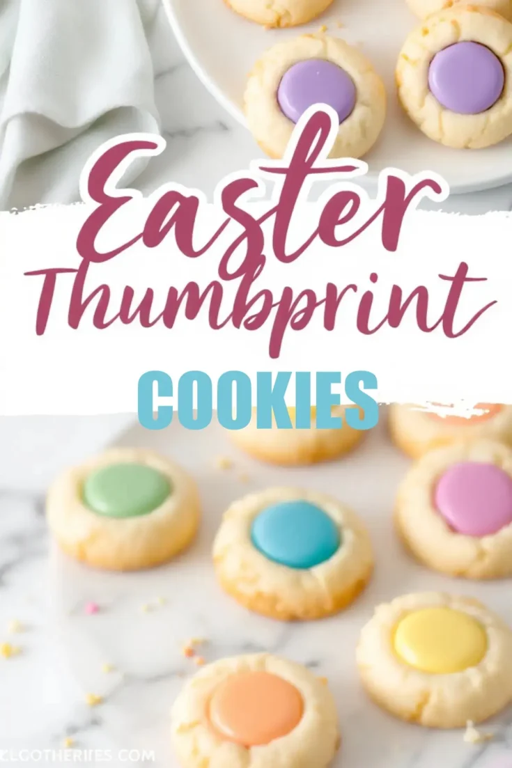 A plate of Easter thumbprint cookies with pastel-colored centers sits on a marble surface. The cookies have a buttery, golden texture and are filled with glossy purple, pink, yellow, green, and blue icing. A soft linen napkin is draped in the background, enhancing the cozy and festive presentation.