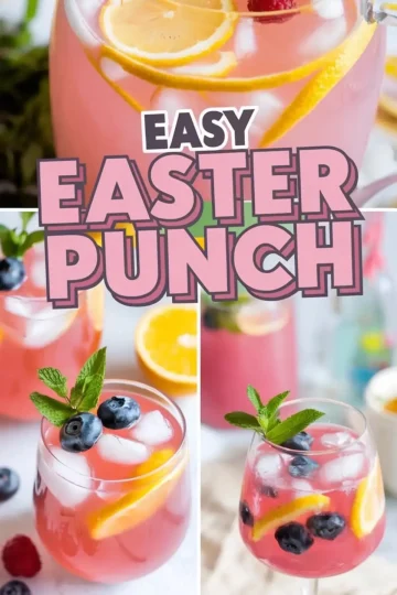 A collage showcasing a refreshing Easter punch in a clear glass pitcher filled with pink liquid, ice cubes, lemon slices, raspberries, and blueberries. The bottom section features two glasses of the punch garnished with fresh mint, lemon slices, and blueberries. The text overlay reads “Easy Easter Punch” in bold pink and white letters.