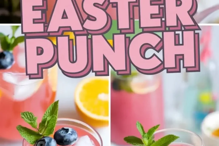 A collage showcasing a refreshing Easter punch in a clear glass pitcher filled with pink liquid, ice cubes, lemon slices, raspberries, and blueberries. The bottom section features two glasses of the punch garnished with fresh mint, lemon slices, and blueberries. The text overlay reads “Easy Easter Punch” in bold pink and white letters.