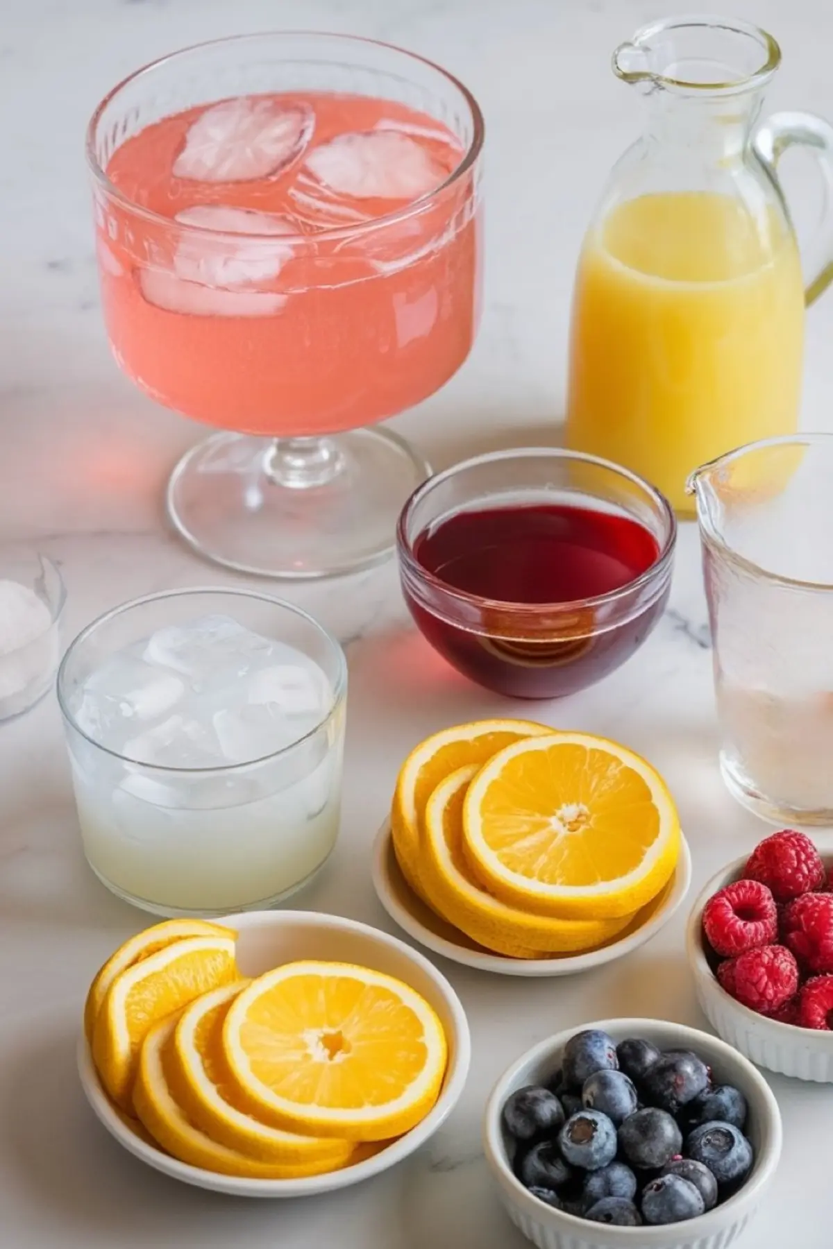 A flat-lay composition of ingredients for a fruit punch, including a large goblet of pink punch with ice cubes, a glass bottle of orange juice, a small bowl of red fruit syrup, a glass of lemon-lime soda with ice, and plates of fresh fruit: sliced oranges, blueberries, and raspberries.
