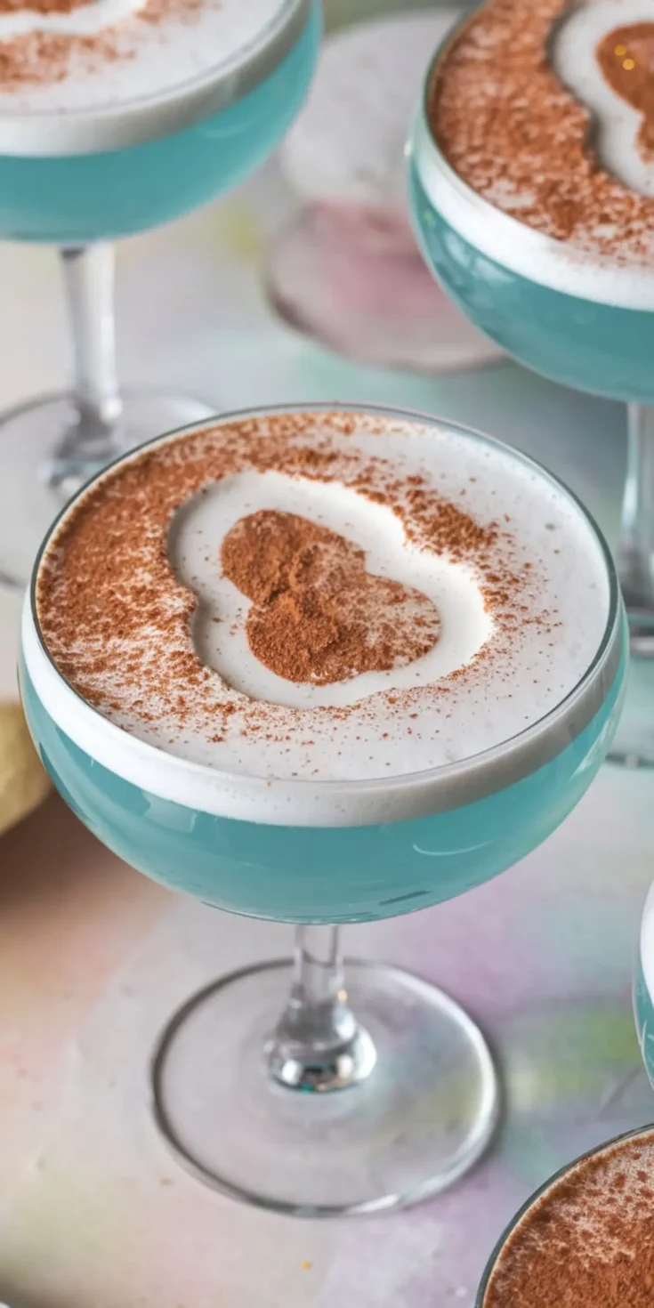 Close-up of blue Easter Egg-Hunt martinis in coupe glasses, topped with a frothy white foam and cocoa powder shaped like an egg. The vibrant blue color contrasts with the white foam, creating a festive and playful presentation.