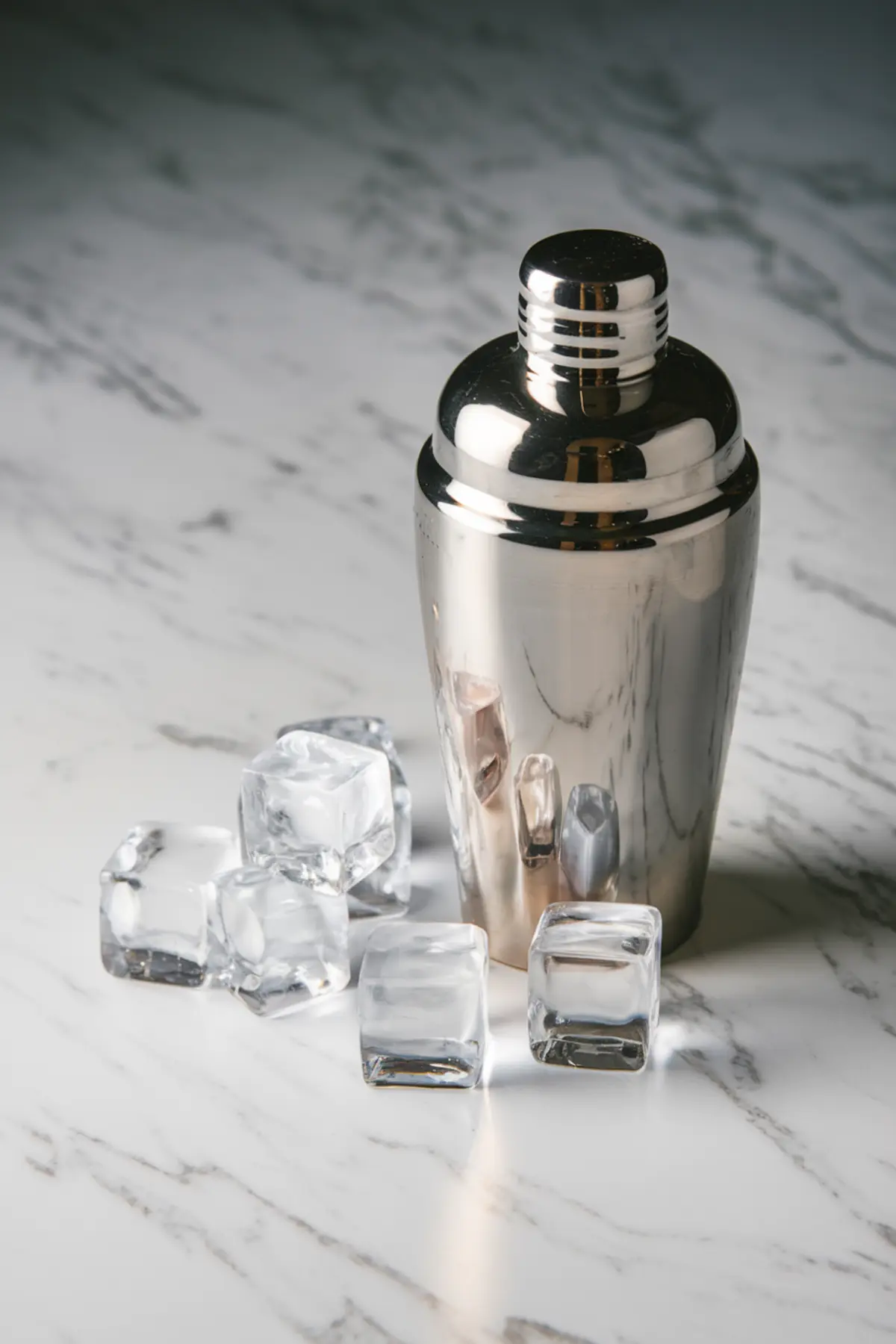 Stainless steel cocktail shaker surrounded by clear ice cubes on a marble countertop. The reflective surface of the shaker adds a sleek, modern touch, essential for crafting the Easter Egg-Hunt martini.