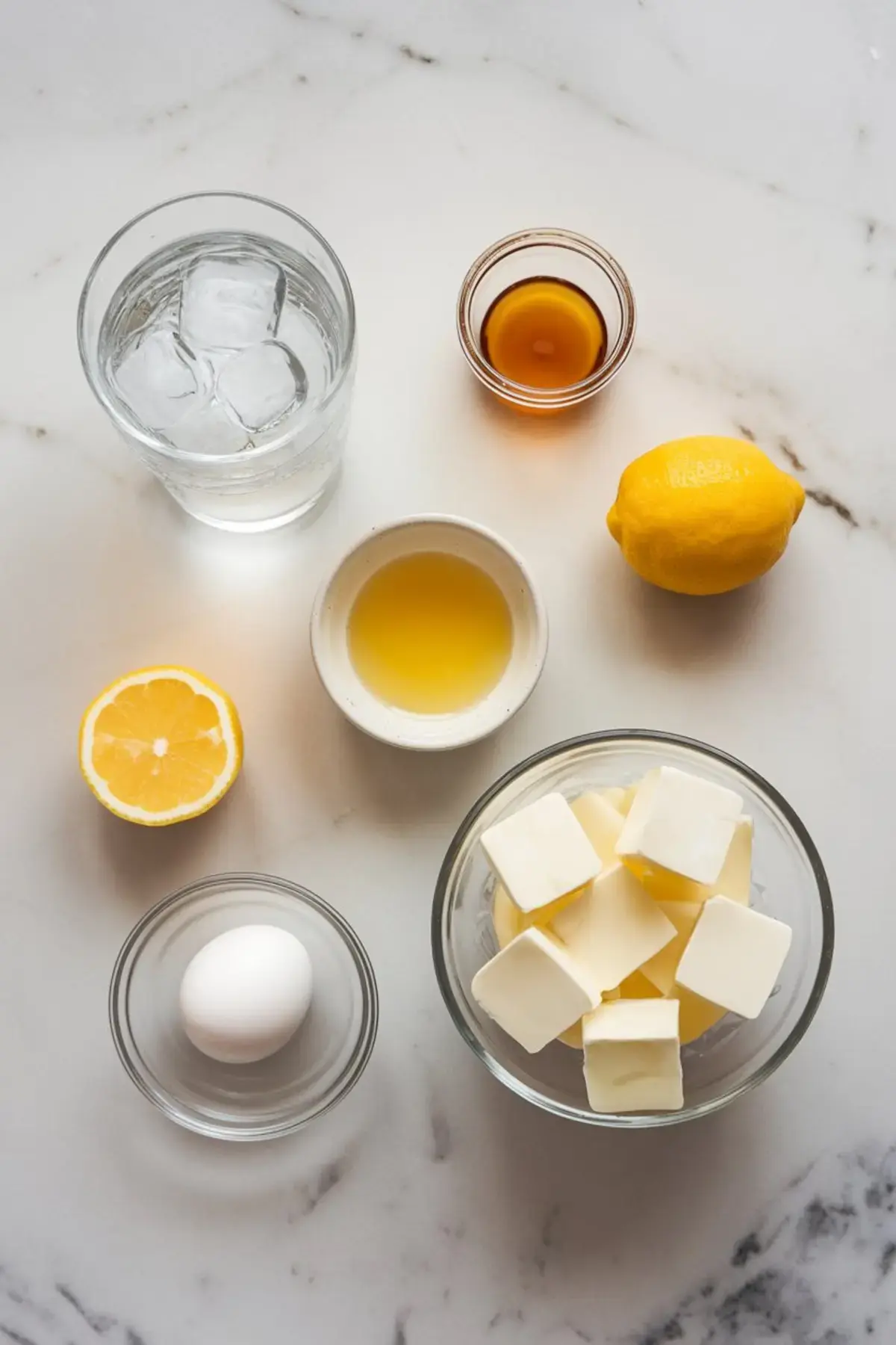 Flat lay of cocktail ingredients on a marble countertop, including ice water, vanilla extract, fresh lemon, lemon juice, cubed butter, a whole egg, and a glass of golden liquid, showcasing the elements for a rich, creamy cocktail.