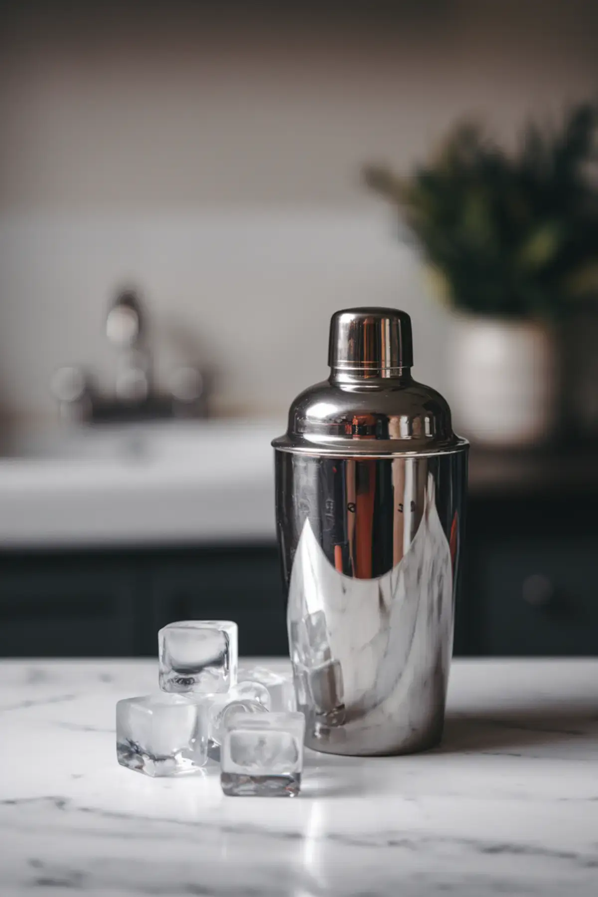 Shiny stainless steel cocktail shaker with ice cubes on a marble countertop in a stylish kitchen setting. The reflection on the shaker and soft lighting create a sophisticated, modern ambiance.