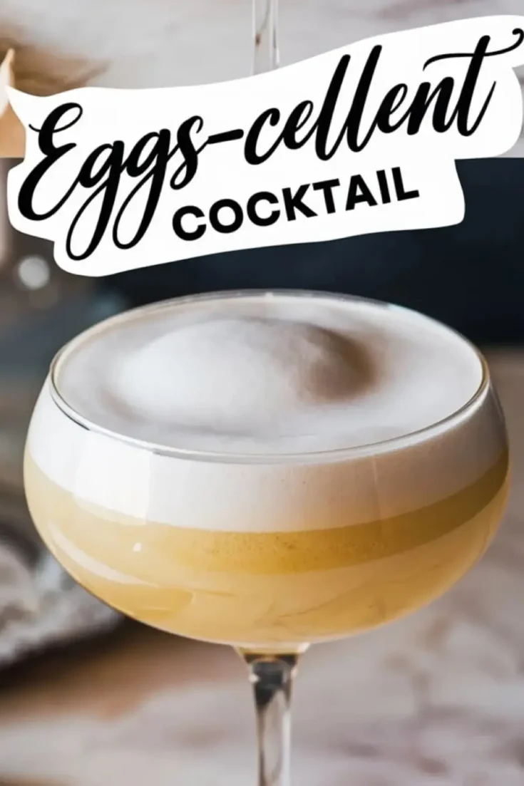 Close-up of a coupe glass filled with a frothy Easter cocktail, featuring a thick layer of egg white foam and golden liquid beneath. The bold text “Eggs-cellent Cocktail” enhances the festive, luxurious presentation.