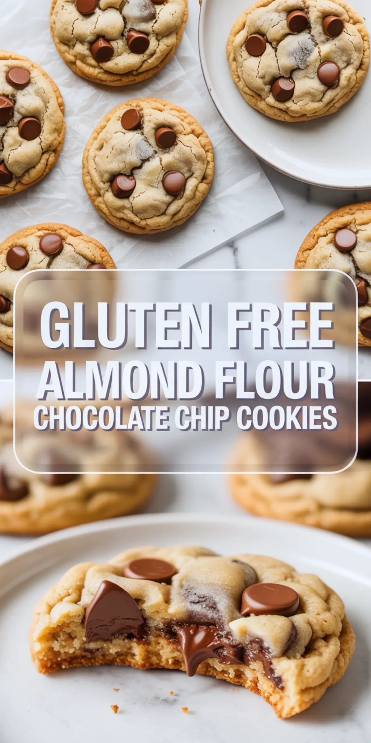 Close-up collage of gluten-free almond flour chocolate chip cookies on parchment paper and a white plate, with whole cookies on top and a melty, broken cookie at the bottom showcasing gooey chocolate chips and golden edges.
