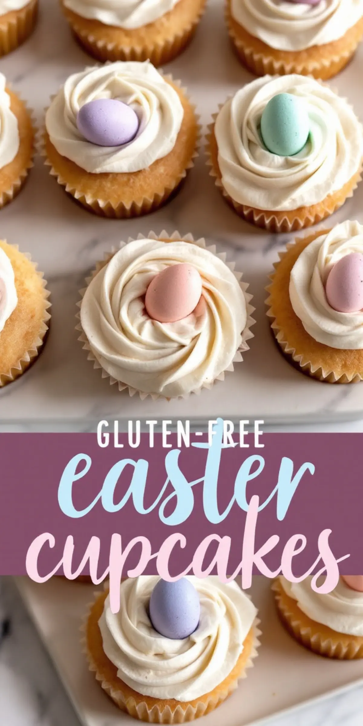 A close-up of gluten-free Easter cupcakes topped with fluffy white frosting and pastel candy eggs. The text overlay in cursive and bold letters reads “Gluten-Free Easter Cupcakes,” set against a soft pink and purple background.