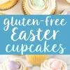 A bright and airy image featuring golden cupcakes with piped white frosting and pastel candy eggs. A blue banner in the center displays the text “Gluten-Free Easter Cupcakes” in an elegant script.