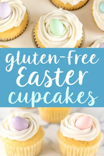 A bright and airy image featuring golden cupcakes with piped white frosting and pastel candy eggs. A blue banner in the center displays the text “Gluten-Free Easter Cupcakes” in an elegant script.
