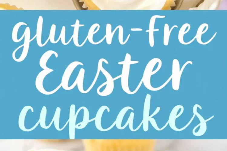 A bright and airy image featuring golden cupcakes with piped white frosting and pastel candy eggs. A blue banner in the center displays the text “Gluten-Free Easter Cupcakes” in an elegant script.