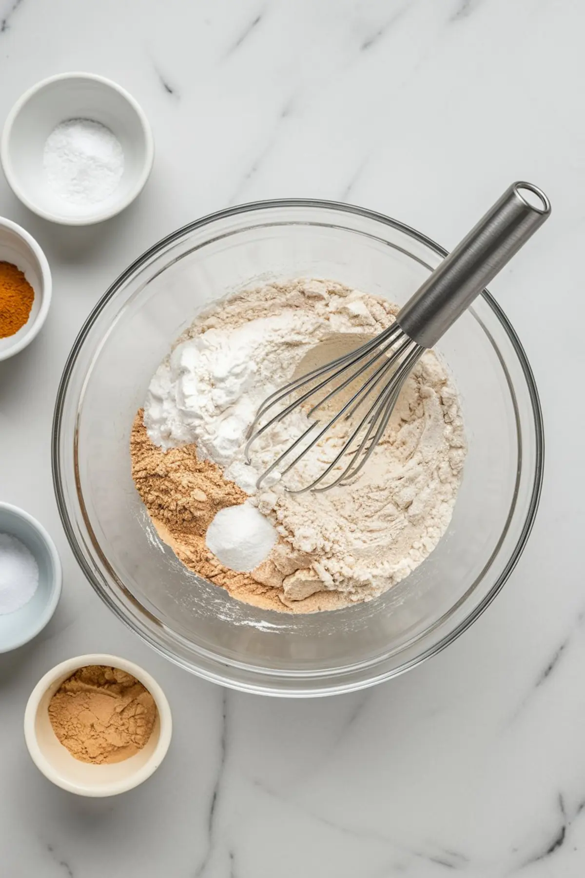 Overhead shot of a glass mixing bowl with a whisk, filled with dry ingredients including flour, baking powder, and spices. Surrounding the bowl are small white dishes containing salt, baking soda, and ground spices, all on a white marble countertop.