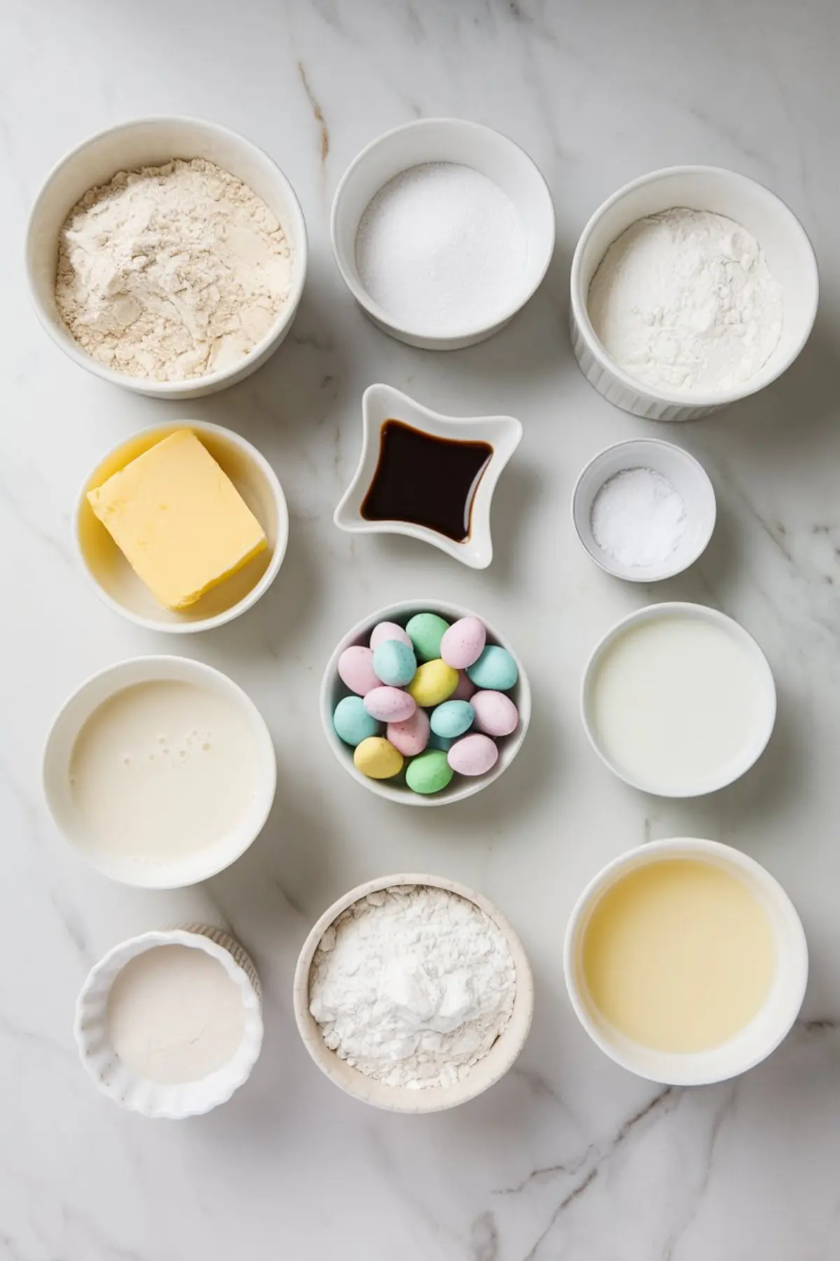 Flat lay of baking ingredients in small white bowls on a marble surface. The assortment includes flour, sugar, butter, milk, vanilla extract, baking powder, and colorful candy-coated chocolate eggs, arranged neatly.