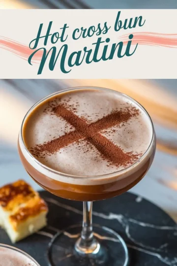 Hot cross bun martini in a coupe glass with a foamy top and a cocoa powder cross. Styled on a dark marble surface with a small piece of hot cross bun in the background and a text overlay reading “Hot Cross Bun Martini.”