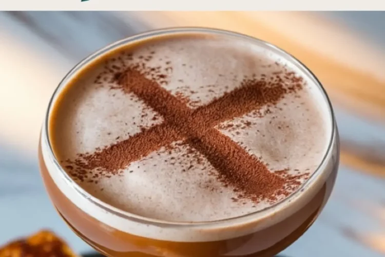 Hot cross bun martini in a coupe glass with a foamy top and a cocoa powder cross. Styled on a dark marble surface with a small piece of hot cross bun in the background and a text overlay reading “Hot Cross Bun Martini.”