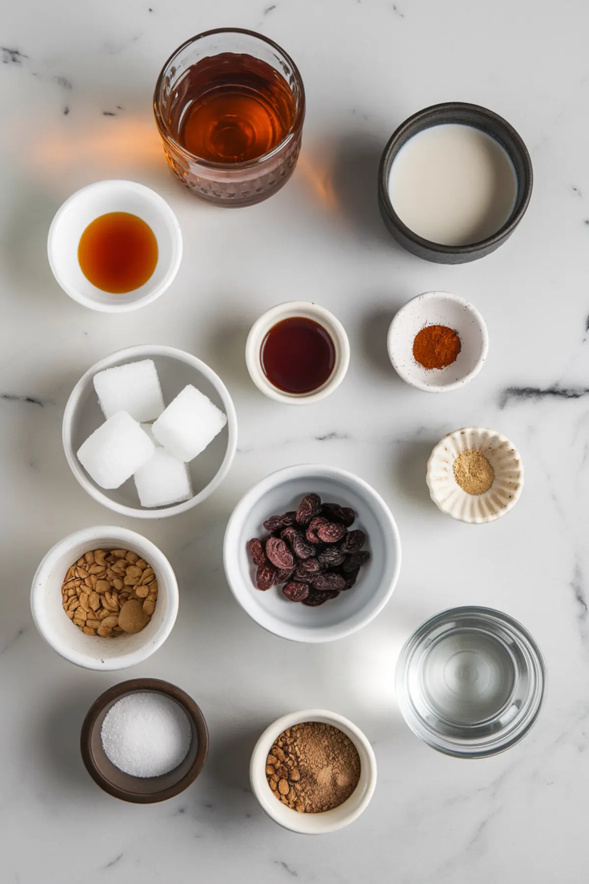 Flat lay of hot cross bun martini ingredients on a white marble surface, including rum, milk, vanilla extract, spices, sugar cubes, raisins, and water in small bowls and glasses.