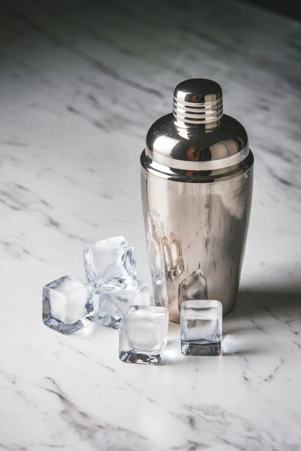 Stainless steel cocktail shaker with ice cubes on a marble countertop, ready for mixing hot cross bun martini.
